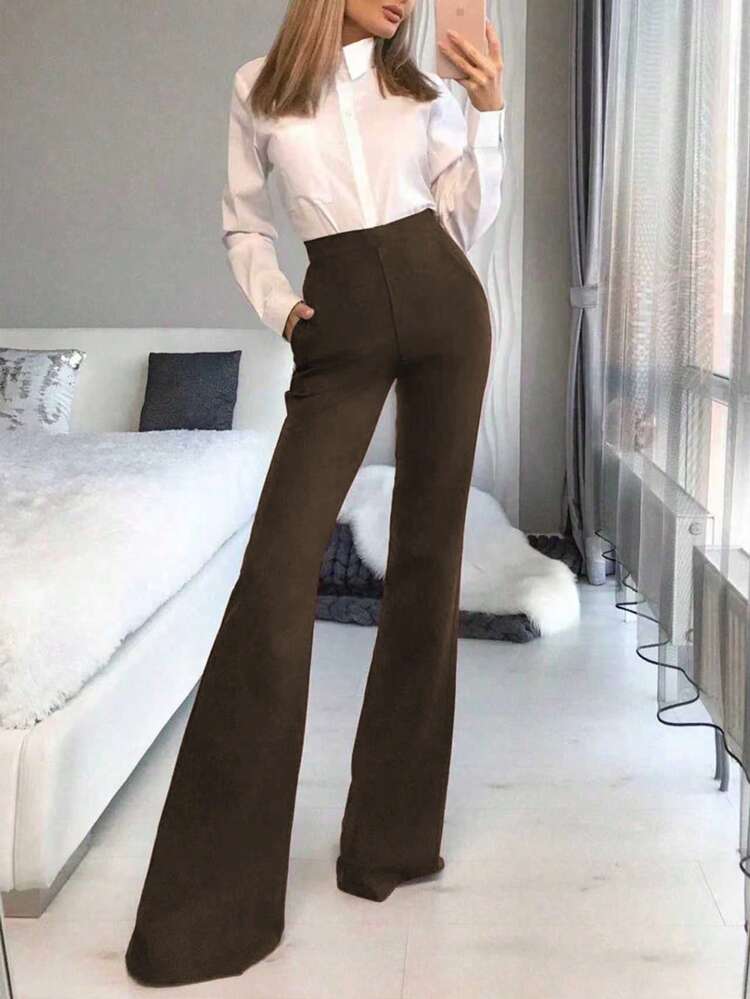Pantalones acampanados de talle alto en color borgoña, elegantes y versátiles para el uso diario en primavera - Marrón - Añade 4