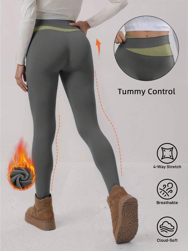 Soyun Women'S One-Piece Color-Blocking Yoga Pants Suitable For Casual Winter Wear Warm Daily Fitness Trousers Tights