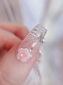 ! !Random Style. 10Pcs/Set Delicate 3D Floral & Butterfly Handmade Nail Art, Valentine'S Day Nails, Long Coffin-Shaped Faux Pearl Wavy French Fake Nails For Women Diy Spring/Summer Nail Art, Suitable For New Year Nails, Wedding Bride Nails Press On Nails Nail Supplies Nails