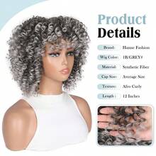 Tóc giả ngắn xoăn bằng sợi tổng hợp có mái, tóc giả xoăn xù kiểu Afro màu xám ombre, tóc giả dài ngang vai không cần keo dán dành cho người Mỹ gốc Phi. - Màu xám ombre - Xem 3