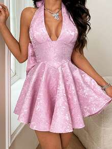 Onicee 夏季连衣裙，粉色情人节套装，时尚提花露背蝴蝶结连衣裙，优雅连衣裙，适合情人节、约会、聚会、派对、旅行、度假、海滩和其他场合。 - 粉色 - 查看 10