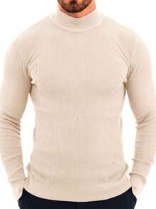 Men's Slim Fit Mock Turtleneck Sweater Casual Ribbed Knitted Pullover Basic Warm Wear For Fall/Winter - 米色 - 查看 4
