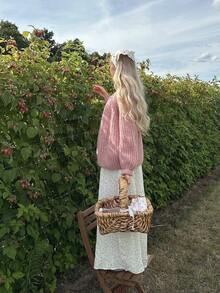 Sookaug Fashion Versatile Autumn/Winter Premium Knit Cardigan Sweater Jacket For Women, Loose Casual Top, Women's Pink Ribbed Knit Cardigan, Autumn Long Sleeve Round Neck Knit Sweater, Regular Length Slightly Elastic, Autumn Outfit Essential - Pink - View 4