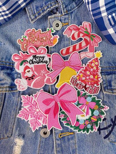 1 Set Of 3/8pcs Pink Christmas Series Embroidery Patch Cute Cartoon Christmas Tree Bow Polyester Badge Applique DIY Clothing Iron On Patches Sew Accessory Cloth Stickers Suitable For Backpacks, Jeans, Jackets, T-Shirts, Hats, Dresses, Etc