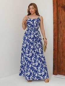 Women's Long Sleeveless A-Line Dress With Plant Print And Knot Detail, Woven Fabric For Summer - Xanh và trắng - Xem 3