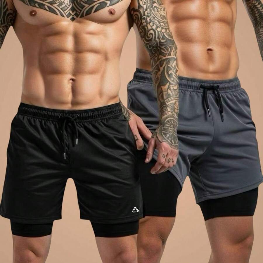 Men's 2-In-1 Double Gym Shorts Kit - Training, Running And Crossfit - Black/Gray - View 1