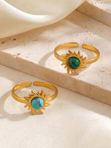 2pcs/Set Stainless Steel 18K Gold Plated Fashion Turquoise/Malachite Inlaid Sun Ring Set, Suitable For Women's Daily And Party Wear