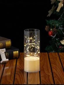 1pc Gradient Height Glass Cover With LED String Lights, Simulated Wax Candle Lamp, Warm Atmosphere Style, Milky White Cylindrical With Flashing Light Details, Decorative Lighting Electronic Candle Ornament, Suitable For Home Decor, Candlelight Dinner, Valentine's Day - Beige - View 7