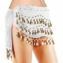 YYC Belly Dance Hip Scarf Women's Chiffon Belly Dancing Scarf With 128 Coins For Yoga Class Fashion - White - View 2