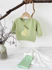 Set 2 buc. bluză cu mânecă lungă și broderie cu căpșuni pentru bebeluși + pantaloni elastici cu dungi, primăvară/toamnă - Verde - Vizualizare 3