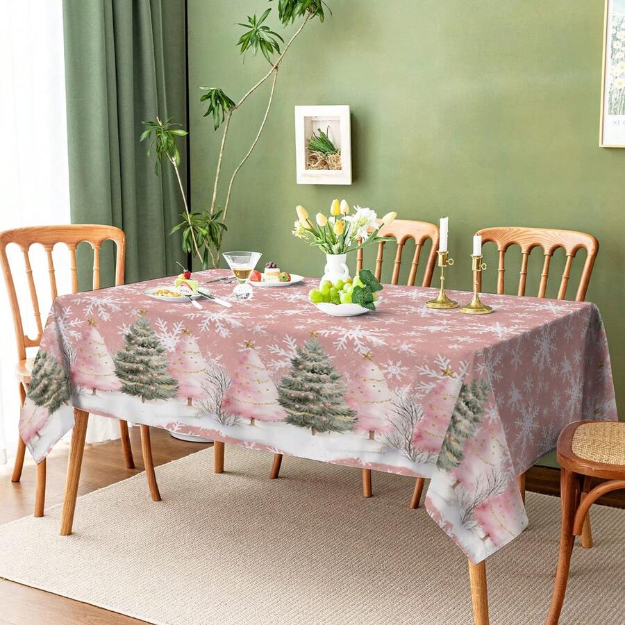 1 pièce/10 pièces Nappe de décoration de Noël rose avec sapin de Noël et flocons de neige, convient pour le dîner et le pique-nique, imperméable et facile à nettoyer pour table à manger, fête, décoration maison, adaptée pour table à manger, bar, table basse, pique-nique extérieur, terrasse de restaurant, décoration de fête, cadeau pour les vacances, utilisation intérieure et extérieure, disponible en plusieurs tailles