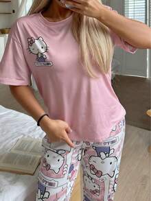 Sanrio 2pcs Hello Kitty Women Printed Short Sleeve Top + Elastic Waist Pants Cute Pajama Set