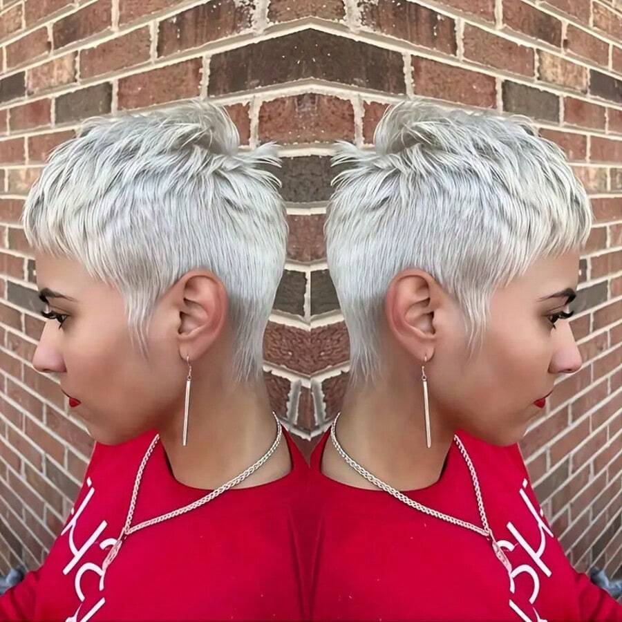 Elegant Gray Wig Human Hair Wig Pixie Cut Wig Short Hair Wig With Bangs Glueless Wig Straight Wigs Halloween Cosplay Wig Family Costume Wig 6-Inch Rose Mesh Hat, Comfortable To Wear, Suitable For All Women - Xám - Xem 1