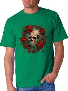 ¡Envío desde México, Playera algodón deportiva casual de hombre,  estampado de Calavera y guitarra del Día de los Muertos , manga corta de corte holgado, bicolor blanco y negro, top casual transpirable de moda, ropa casual Camiseta divertida Moda de verano. - Verde (delantero) - Ver 1