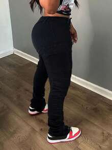 女式 Y2K 朋克多口袋弹力紧身工装叠层喇叭裤 - 黑色 - 查看 2