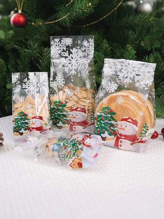 50PCS Stand-Up Plastic Bags With Cartoon Animal Patterns For Cookies, Cakes, Desserts, Christmas Decorations, And Party Favors With Cute Snowflake Designs, Christmas Decorations, Christmas Gifts