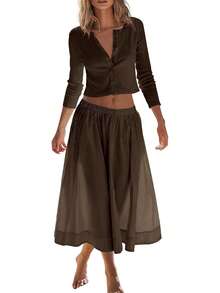 Women's Essential Casual Lightweight Three-Quarter Sleeve Knit Cardigan Elastic Waist Skirt Matching Two-Piece Set - 咖啡棕 - 查看 4