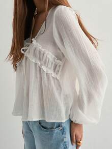 Y2k Tie Front Chiffon Top For Women Boho Ruffle Hem Peplum Long Bell Sleeve Button Down Mesh Shirt Coquette See Through Sheer Lace Flowy Going Out Blouse Top - 白色 - 查看 3