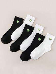 6 Pares de Meias Minimalistas Preto e Branco com Design de Alienígena, Adequadas para Esportes e Uso Casual em Todas as Estações