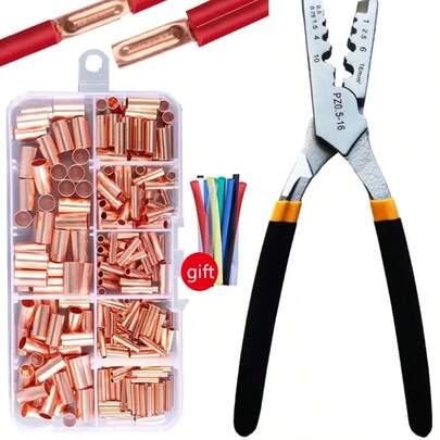 1 Pc 250GT Copper Connecting Tube, Wire Joint, Small Copper Tube Terminal, Cable Terminal Piece/1 Set Of Copper Tube With Crimping Pliers Set