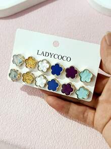 LADYCOCO 6 对时尚优雅多色幸运四叶草耳钉，适合女性日常搭配，珠宝耳环套装 - 多色C - 查看 3