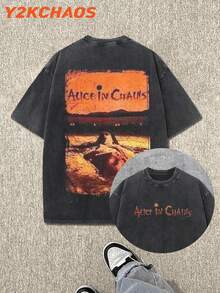 Y2KCHAOS Vintage Band Graphic Tee For Men - Alice In Chains Album Art Print, Distressed Washed Cotton T-Shirt With Bold Rock Music Design, Perfect For Fans Of Classic Grunge And 90s Alternative Rock, Oversized Fit For Casual Streetwear Look, Ideal For Music Lovers And Vintage Style Enthusiasts (250 Washed Cotton T-Shirt) Manfinity - màu đen - Xem 1