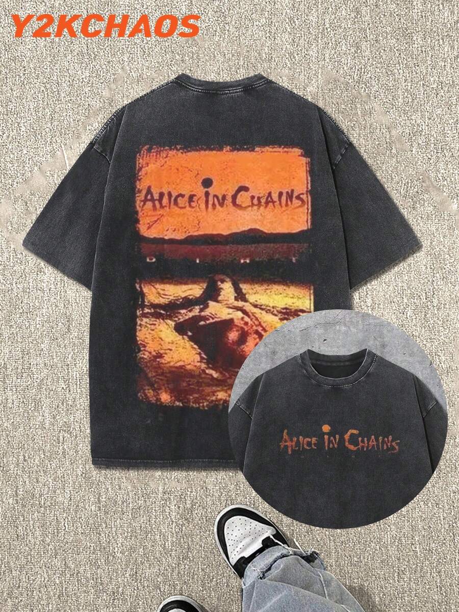 Y2KCHAOS Vintage Band Graphic Tee For Men - Alice In Chains Album Art Print, Distressed Washed Cotton T-Shirt With Bold Rock Music Design, Perfect For Fans Of Classic Grunge And 90s Alternative Rock, Oversized Fit For Casual Streetwear Look, Ideal For Music Lovers And Vintage Style Enthusiasts (250 Washed Cotton T-Shirt) Manfinity - màu đen - Xem 1