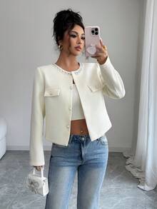 2025 New Spring-Autumn Women's Elegant Pearl-Button Decorated Long-Sleeve Coat