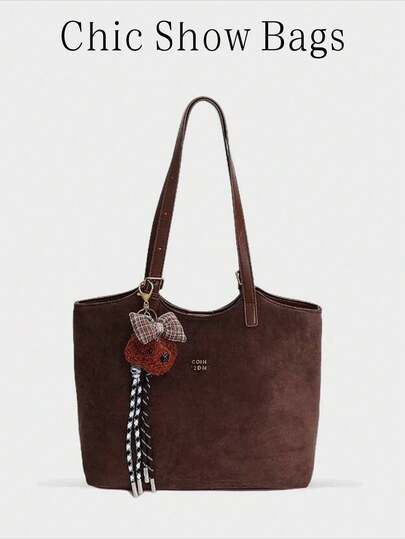 1个纯色麂皮绒单肩包，女士休闲复古手提包，带按扣和拉链，大容量托特包，适合旅行、购物、约会、作为女士礼物，适合青少年女孩、大学生和上班族，是办公室、学校、工作、商务、通勤、户外、旅行、野餐的理想之选（附赠吊坠）