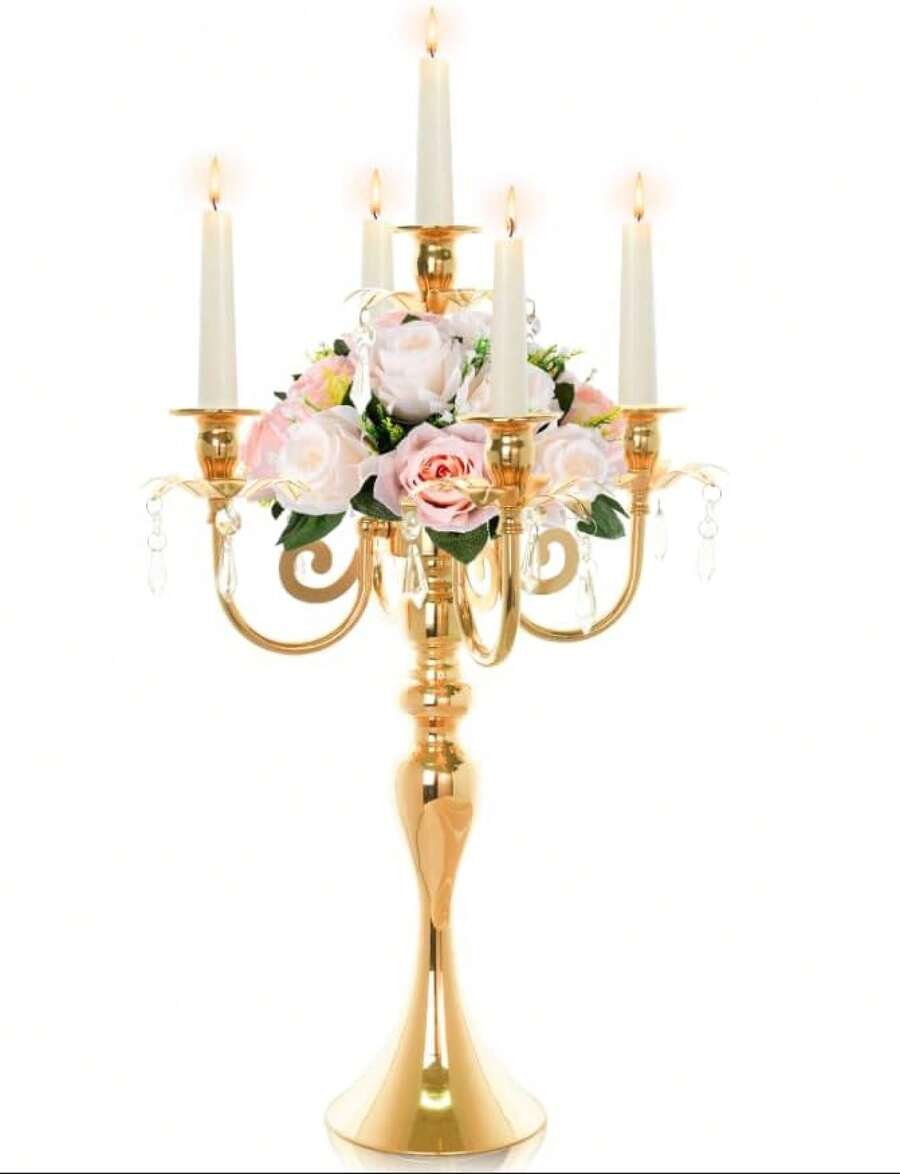 20.3'' Tall 5 Arm Gold Candelabra Centerpiece For Table, Metal &Crysyal Candle Holder, Retro Candelabra/Candlestick Table Centerpieces For Party, Events, Home, Wedding Decor (1pc, Gold)