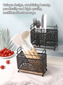 1 buc Suport pentru ustensile de bucătărie cu design clasic din metal gol, Suport dreptunghiular pentru tacâmuri din dantelă neagră - Pentru linguri, furculițe, bețișoare, teluri, capsule de cafea, articole de papetărie etc., Coș de depozitare decorativ pentru birou, ideal pentru organizarea casei, Depozitare decorativă, Cutii de depozitare și borcane, Coș de depozitare pentru decor de birou, Depozitare de Crăciun, Halloween, Ramadan
