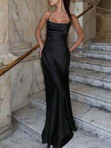 Women Summer Solid Backless Lace Up Satin Long Dress, Sexy Slim Elegant Party Dress, Prom Evening Dress, Wedding Guest Dress, For Cocktail