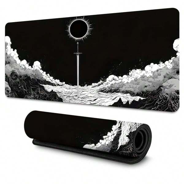1pc Extended Large Dark Fantasy Sword & Solar Eclipse Mouse Pad - Monochrome Mythical Scene Design, Smooth Surface For Precision Gaming & Office Tracking, Non-Slip Rubber Base For Stable Grip, Stain-Resistant Coating, Reinforced Stitched Edges, Ideal For Desk Decor, Perfect Gift For Fantasy Enthusiasts, Birthday & Holidays