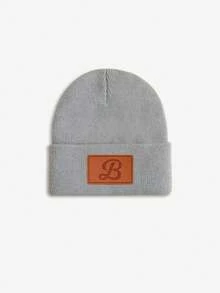 1pc Baby Leather Patch Vintage Letter Decor Grey Beanie, Choose From 26 Letters, Soft & Comfortable Unisex Infant Autumn/Winter Warm Hat, Suitable For Holidays, Birthdays, Daily Wear - Grey - View 24