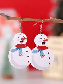 1 Pair Vintage Winter Cute Snowman Pendant Earrings, PU Double-Sided Christmas Cartoon Earrings, Party Gift