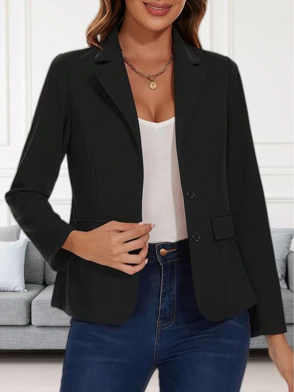 Women's Solid Color Knit Fabric Pocket Button Front Blouse, Office/School Wear, Autumn/Winter