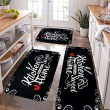 2/3pcs Love Kitchen Rug Set, Very Suitable With Kitchen Design, Anti-Slip, Washable, Polyester Floor, Suitable Bedroom, Living Room, Dining Room, Kitchen, Bathroom, Entrance - màu đen - Xem 1