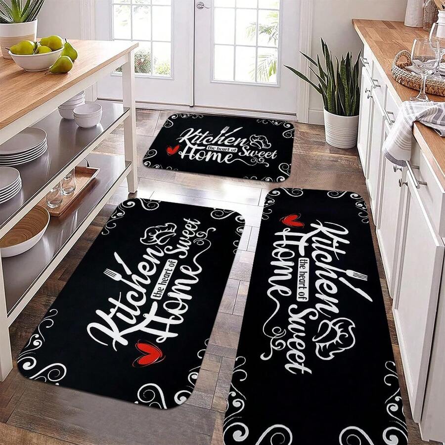 2/3pcs Love Kitchen Rug Set, Very Suitable With Kitchen Design, Anti-Slip, Washable, Polyester Floor, Suitable Bedroom, Living Room, Dining Room, Kitchen, Bathroom, Entrance - màu đen - Xem 1