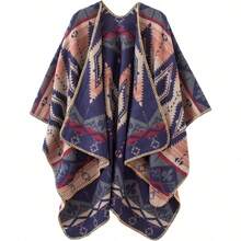 Women's Warm Shawl Wrap Cape Winter Cardigan Sweaters Open Front Poncho - A3-xanh nước biển - Xem 1