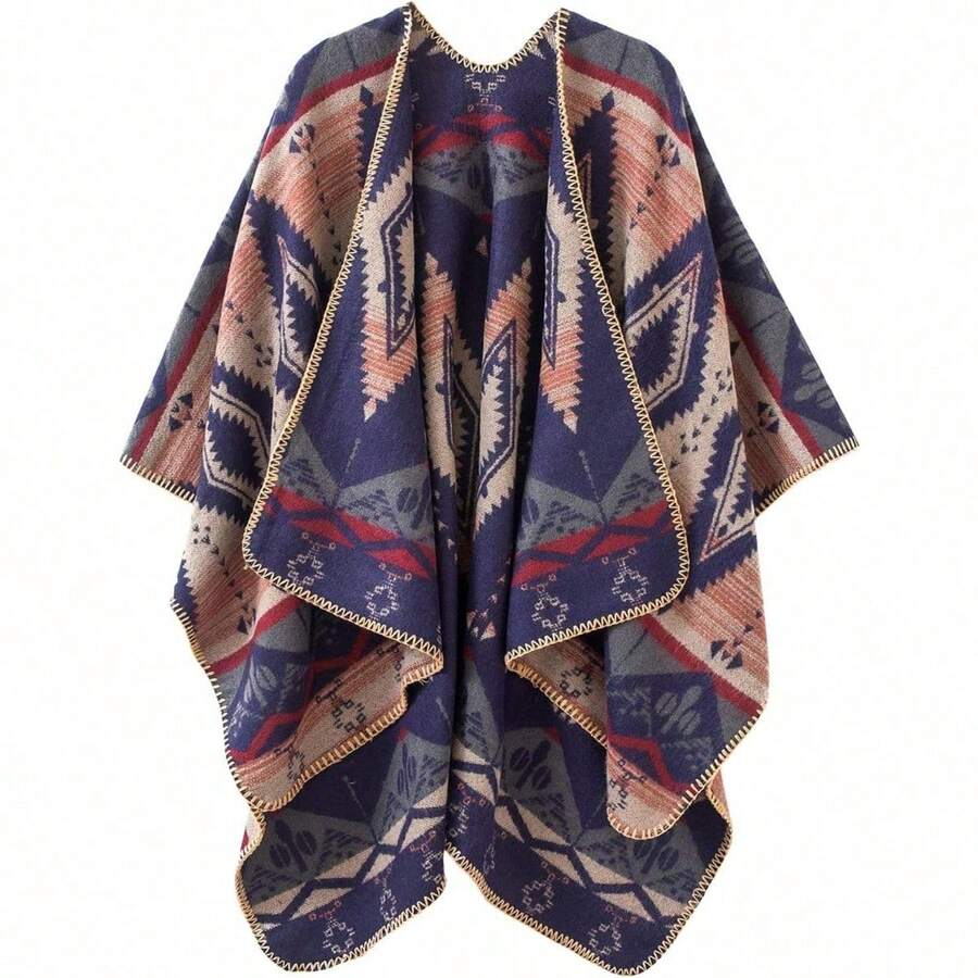 Women's Warm Shawl Wrap Cape Winter Cardigan Sweaters Open Front Poncho - A3-xanh nước biển - Xem 1