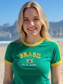 Women's Embroidered Brazil Shirt - Green - View 1