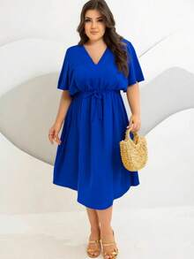 Kit 2 Vestidos Midi Femininos Duna Liso – Azul Royal e Preto – Plus Size, Decote V, Cintura com Elastano, Veste 36 ao 50 - AZUL/ROSA - Visão 2