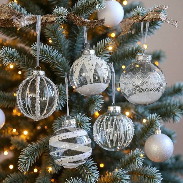 1 كرة بلاستيكية شفافة للكريسماس، كرة معلقة مزينة بخطوط باللون الأبيض اللؤلؤي، ديكور شجرة ، أجواء والأعياد، ديكور غرفة الشتاء