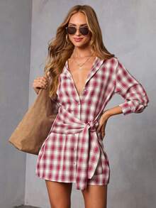 休闲女式格子长袖衬衫裙，系带装饰，不对称下摆，短款梭织面料，优雅春季款 - 紅色 - 查看 3