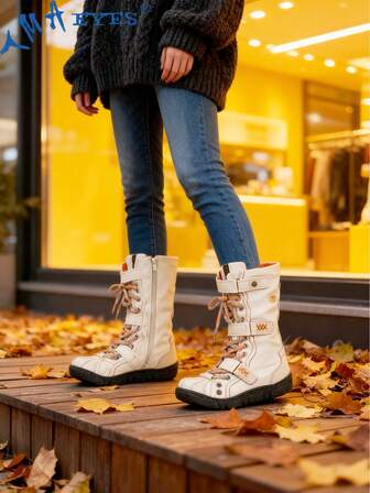  1 Pair TMA EYES Vintage Handmade Stitching & Handcrafted Leather+PU Splicing Distressed Upper, PU Faux Fur Lining, Jacquard Shoelace, Hook And Loop Closure, Side Zipper, Non-Slip Comfortable Cold-Proof Outdoor Casual Plus Size Wide Fit Women Boots