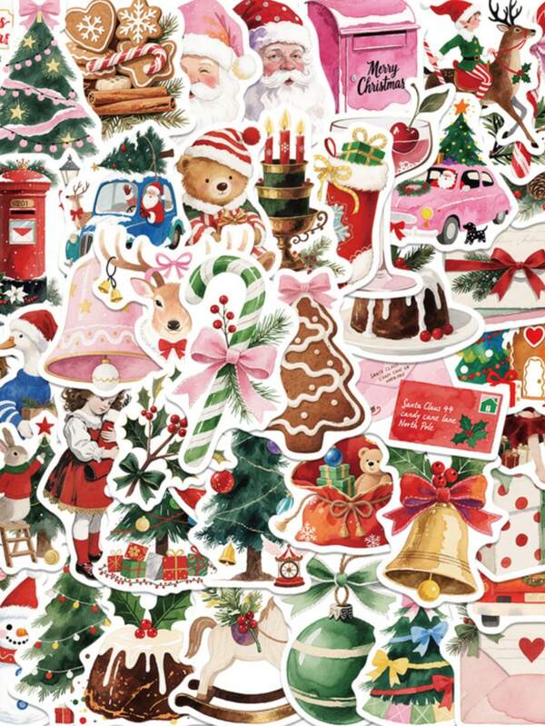 50Pcs Christmas Stickers Christmas Decorations Merry Christmas Stickers Cute Christmas Gift Holiday Stickers Winter Stickers Christmas Gifts Cartoon Aesthetic Stickers For Water Bottle, Hydroflask, Guitar, Luggage, Phone, Case, Laptop, Skateboard, Gift