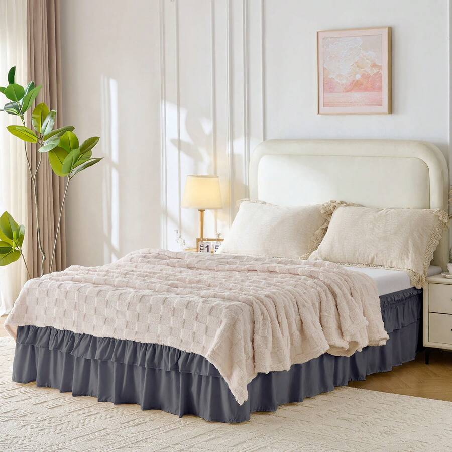 VOLTITO Multi-Layer Ruffle Bed Skirt 16 Inch Drop, 2 Layer Elastic Wrap Around Bed Skirts For Twin Full Queen King CK Size Bed, Easy To Install Dust Ruffle, Machine Washable Soft Fabric, Double Layers Bedskirt - Màu xám đen - Xem 1