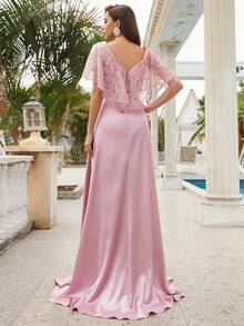 蕾丝花边袖亮片拼布缎面及地正式晚礼服 - 粉色 - 查看 3
