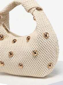 1pc Women's Vintage Simple Casual Angola Red Suede Leopard Print Bohemian Hippie Hollow Crochet Ocean Shell Faux Leather Shoulder/Underarm Baguette Bag, Suitable For Going Out, Dating, Commuting, Perfectly Matching With Fall Outfits Women - 杏色 - 查看 4