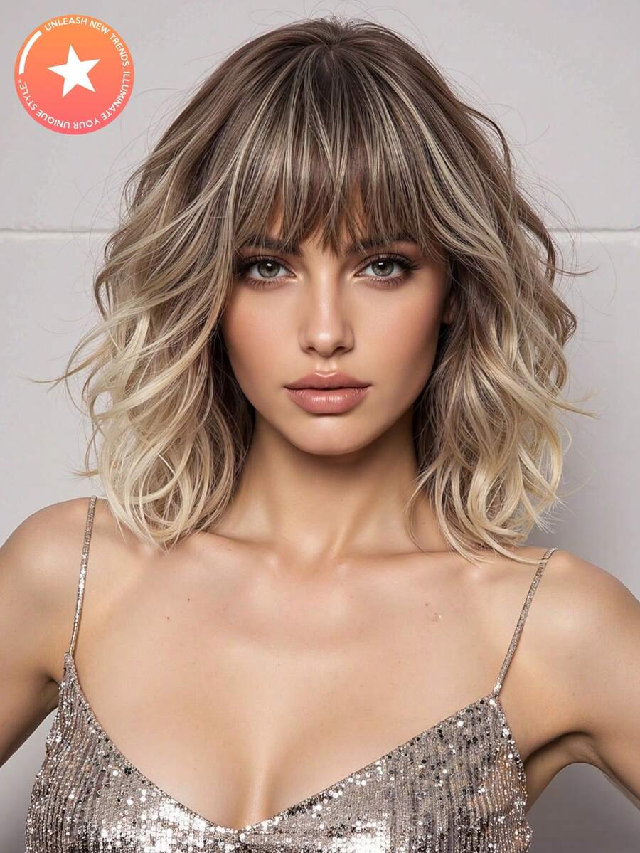 Stylish 16-Inch Ombre Mid-Long Curly Hair Synthetic Heat-Resistant Fiber Wig With Bangs Ladies Wig Is Perfect For Holiday Party Everyday Wear - 漸層 - 查看 1
